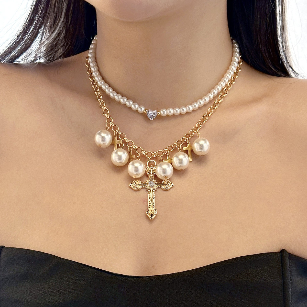 Elegant Layered Pearl & Cross Necklace Set