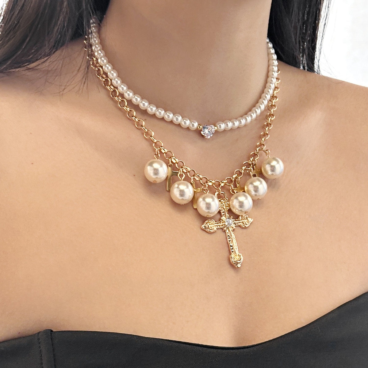 Elegant Layered Pearl & Cross Necklace Set