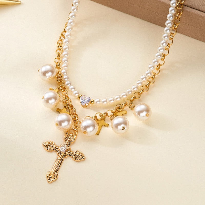 Elegant Layered Pearl & Cross Necklace Set