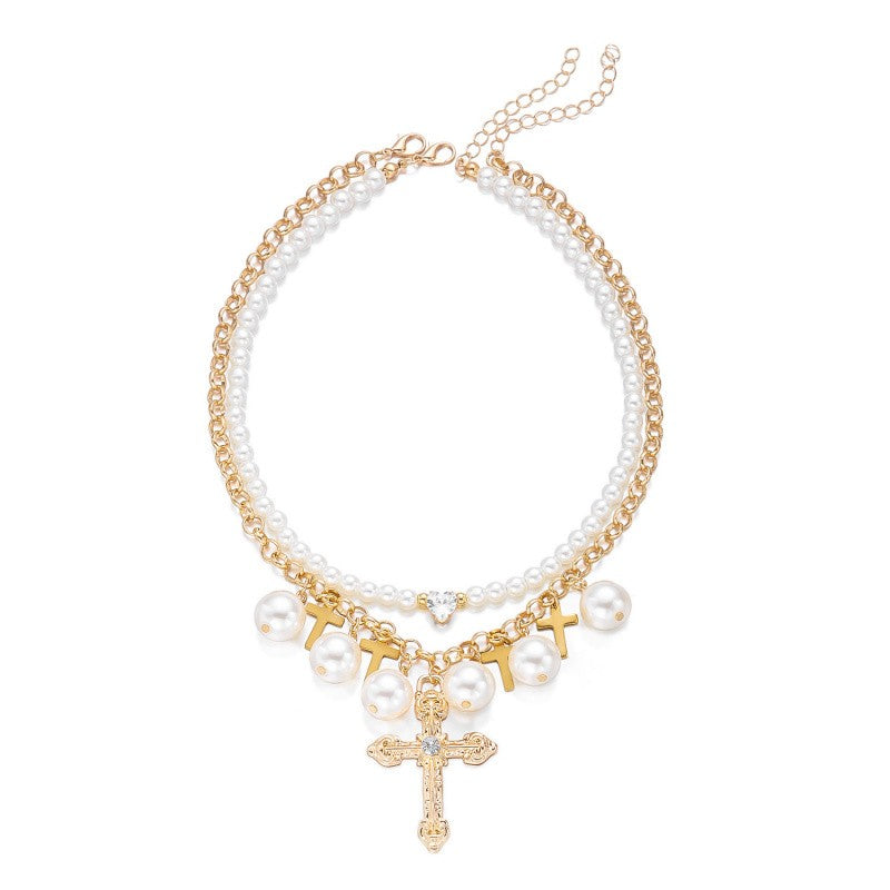 Elegant Layered Pearl & Cross Necklace Set