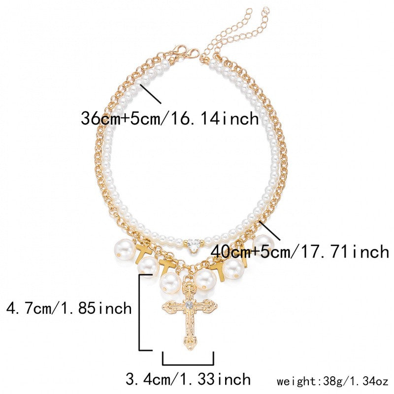 Elegant Layered Pearl & Cross Necklace Set