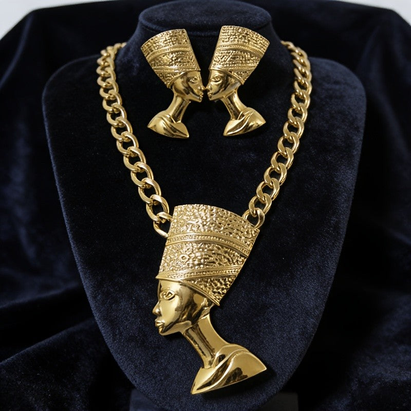 18k Vintage Egyptian Queen Necklace & Earring Set