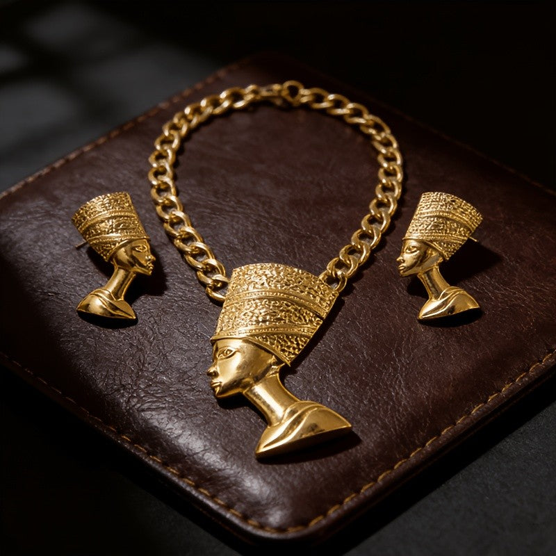 18k Vintage Egyptian Queen Necklace & Earring Set