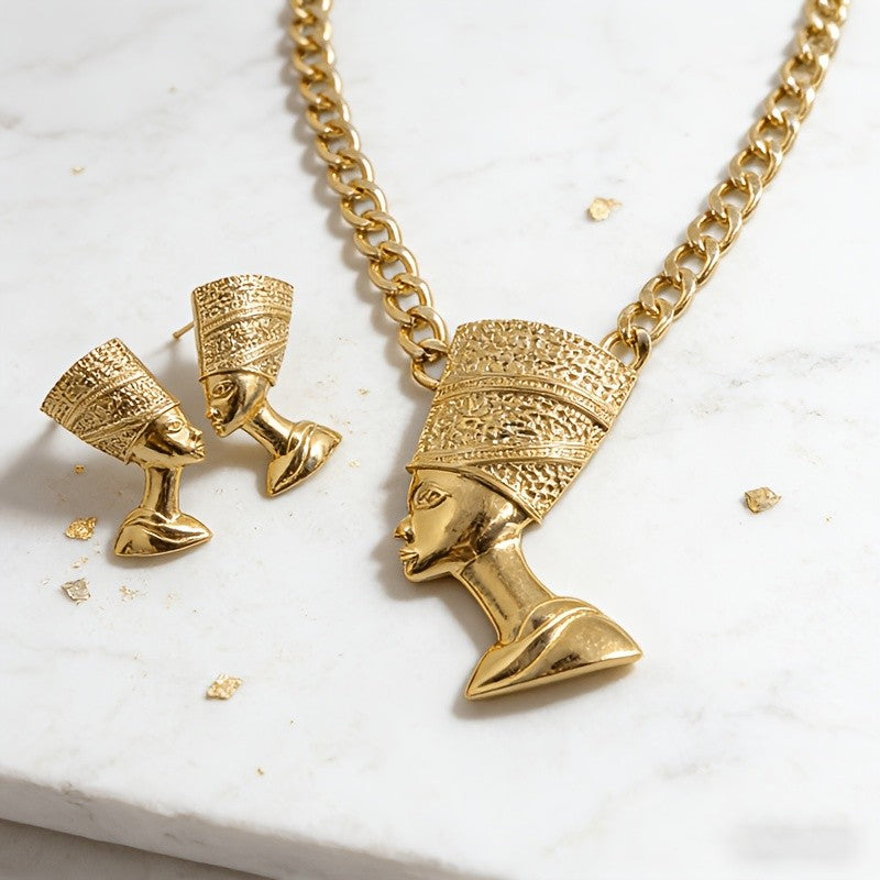 18k Vintage Egyptian Queen Necklace & Earring Set
