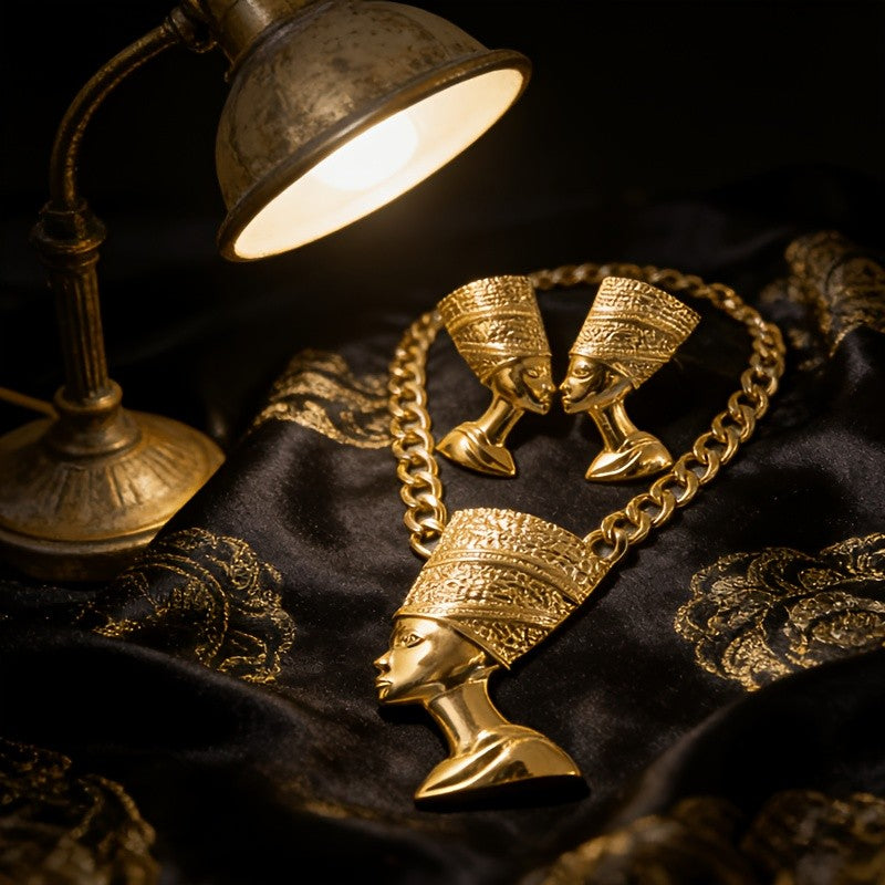 18k Vintage Egyptian Queen Necklace & Earring Set