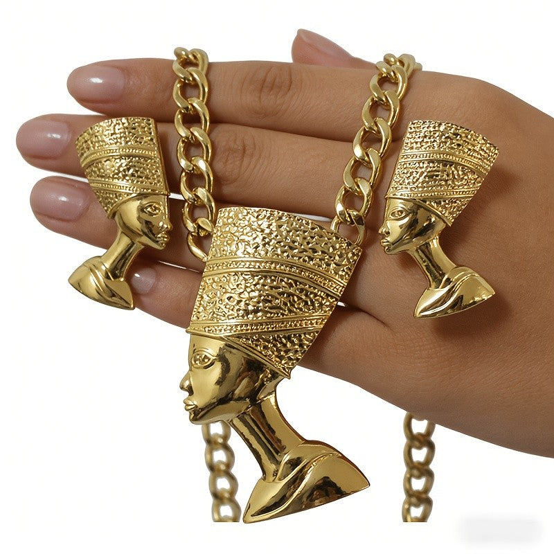 18k Vintage Egyptian Queen Necklace & Earring Set