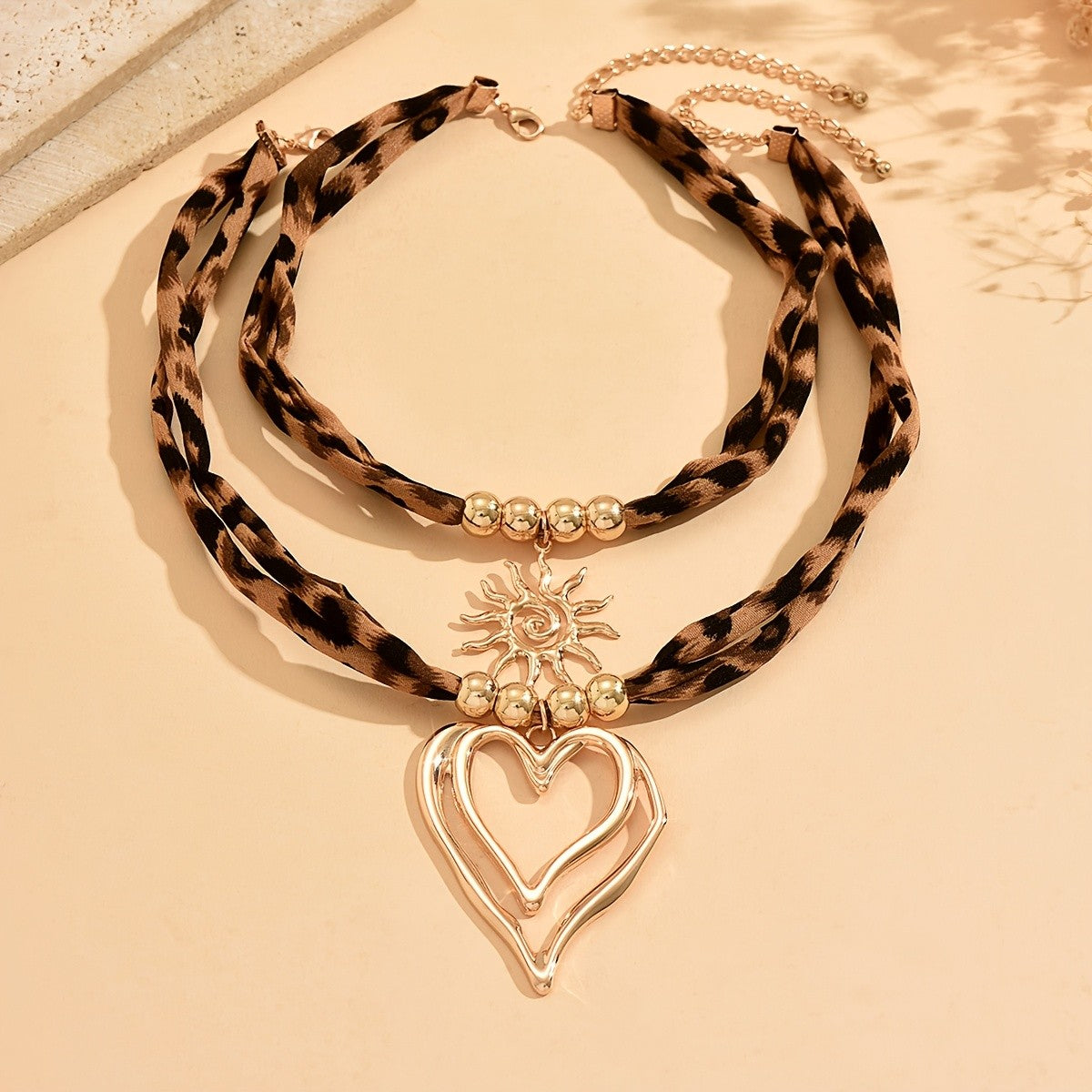 Boho Leopard Print Sun Heart Necklace