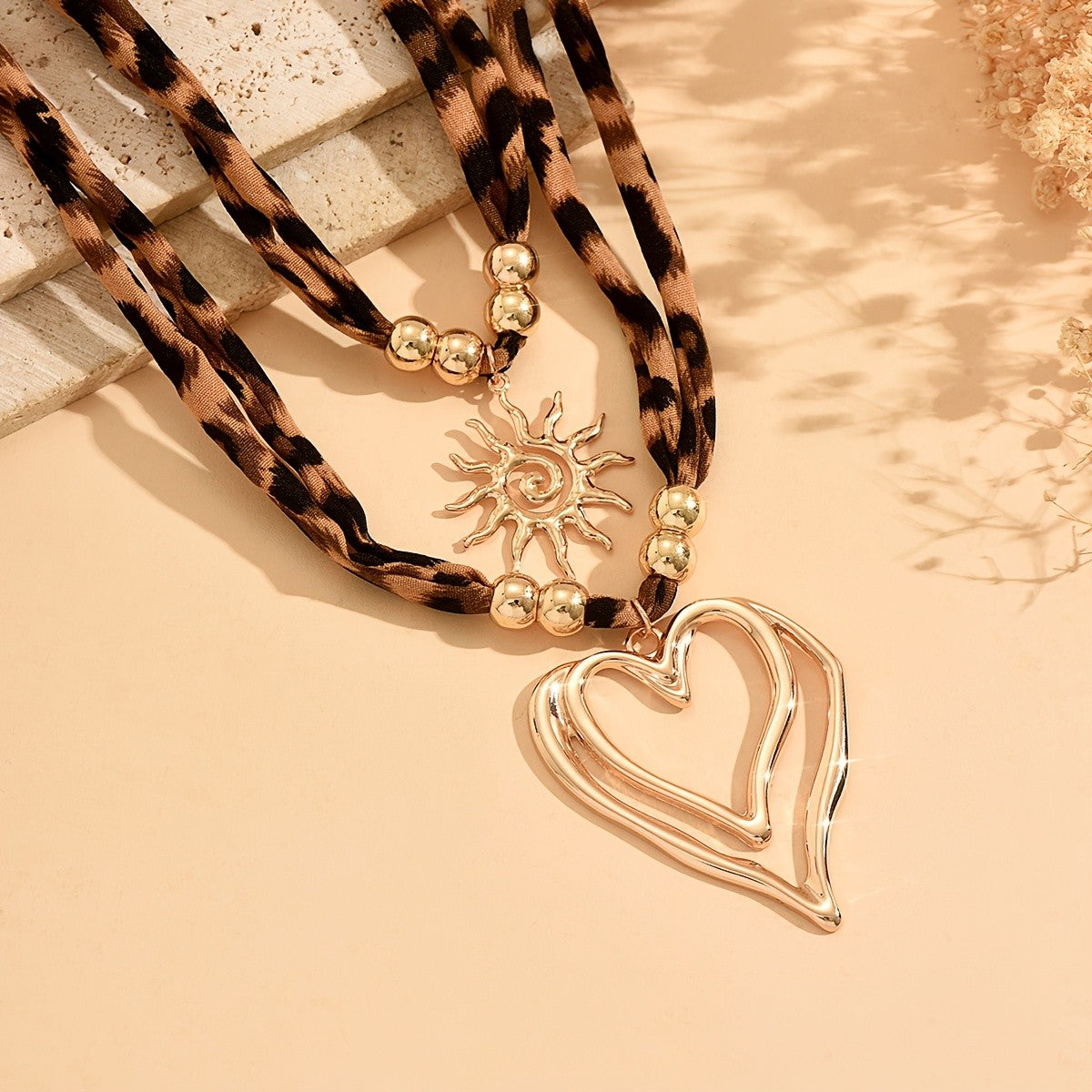 Boho Leopard Print Sun Heart Necklace