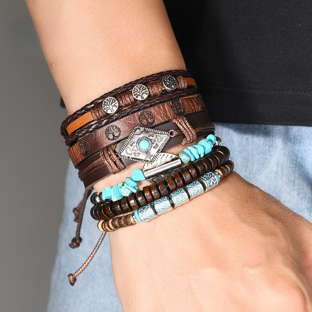 6pc Boho Vintage Leather & Bead Bracelet Set