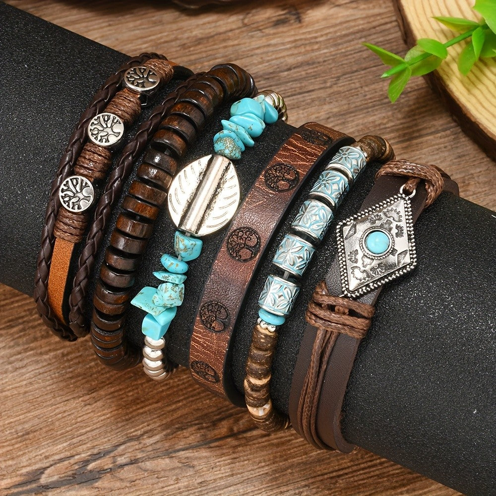 6pc Boho Vintage Leather & Bead Bracelet Set