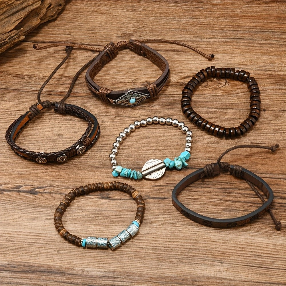 6pc Boho Vintage Leather & Bead Bracelet Set