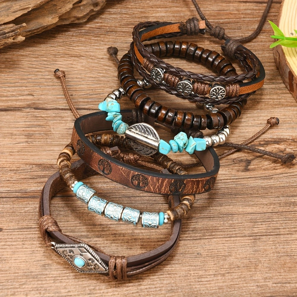 6pc Boho Vintage Leather & Bead Bracelet Set
