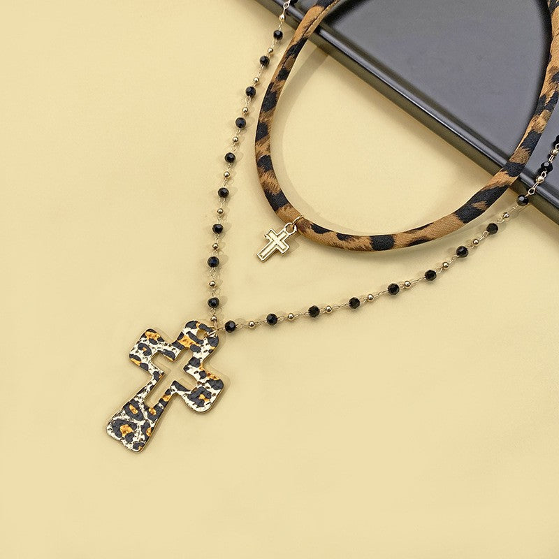 Boho Leopard Print Cross Necklace Set