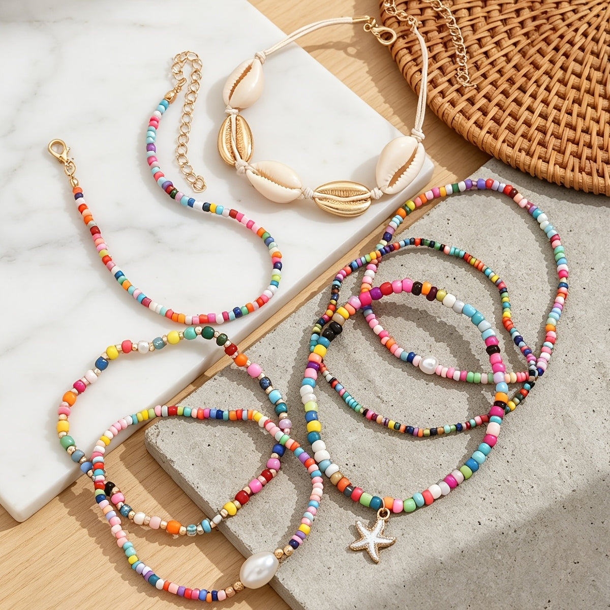 Boho Colorful Shell & Starfish Anklet Set
