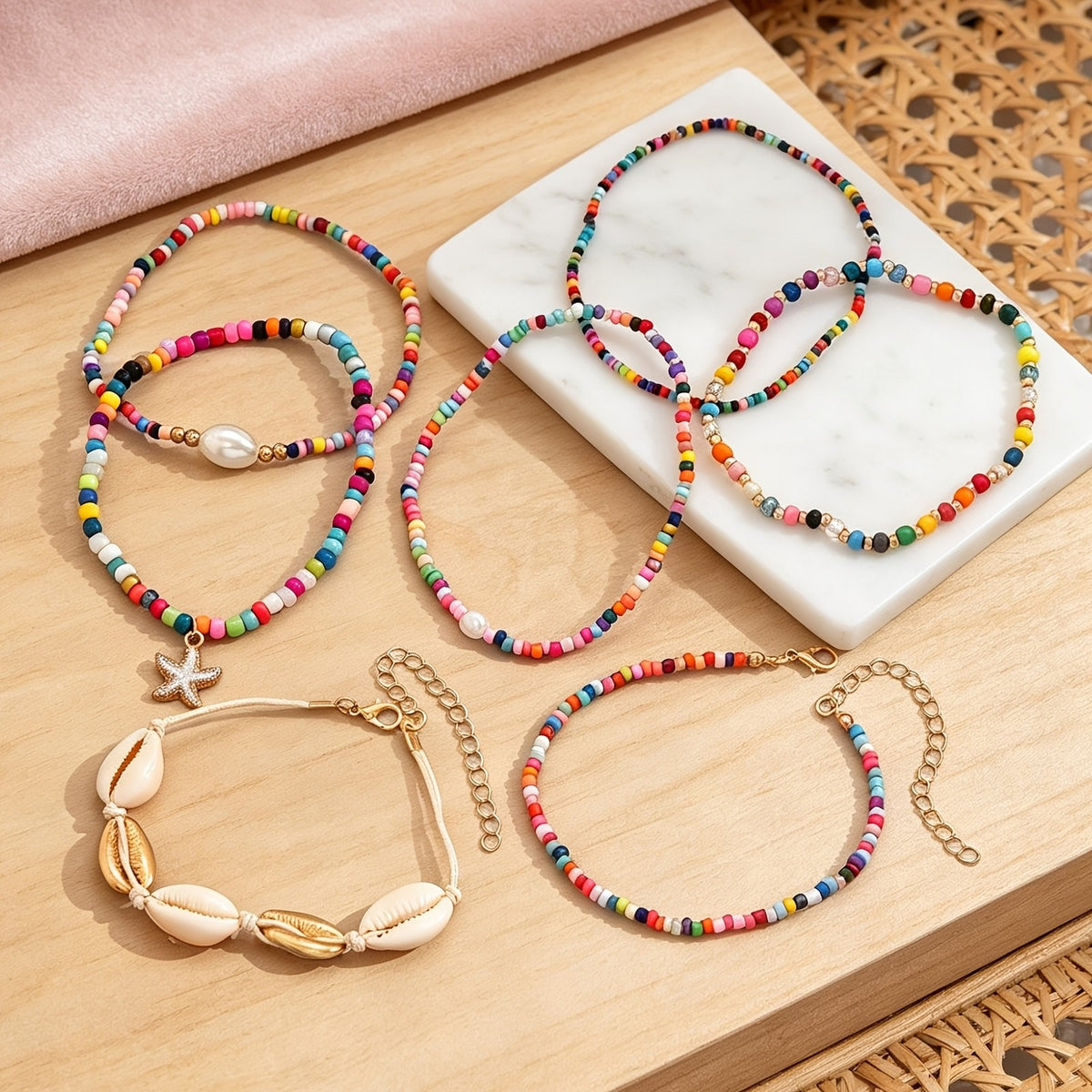 Boho Colorful Shell & Starfish Anklet Set