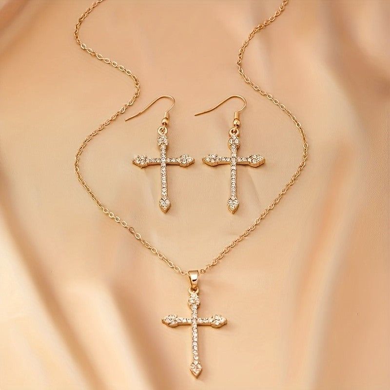 14k Elegant Cross Pendant Necklace & Earring Set
