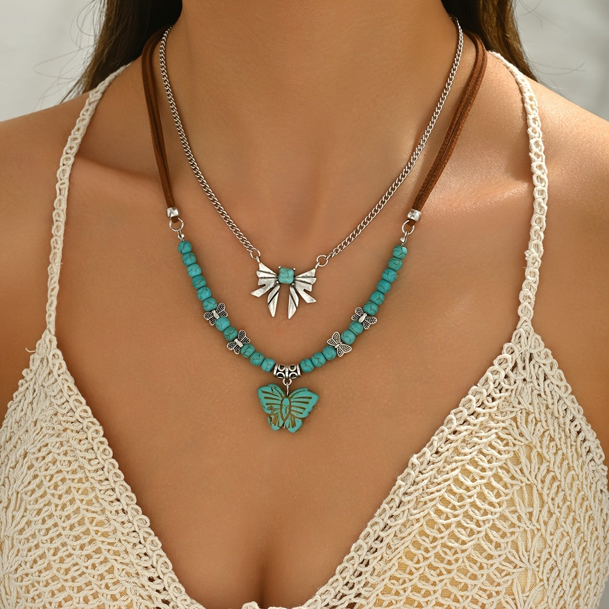 2pc Boho Turquoise Butterfly Layered Necklace