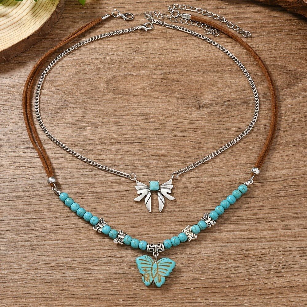 2pc Boho Turquoise Butterfly Layered Necklace