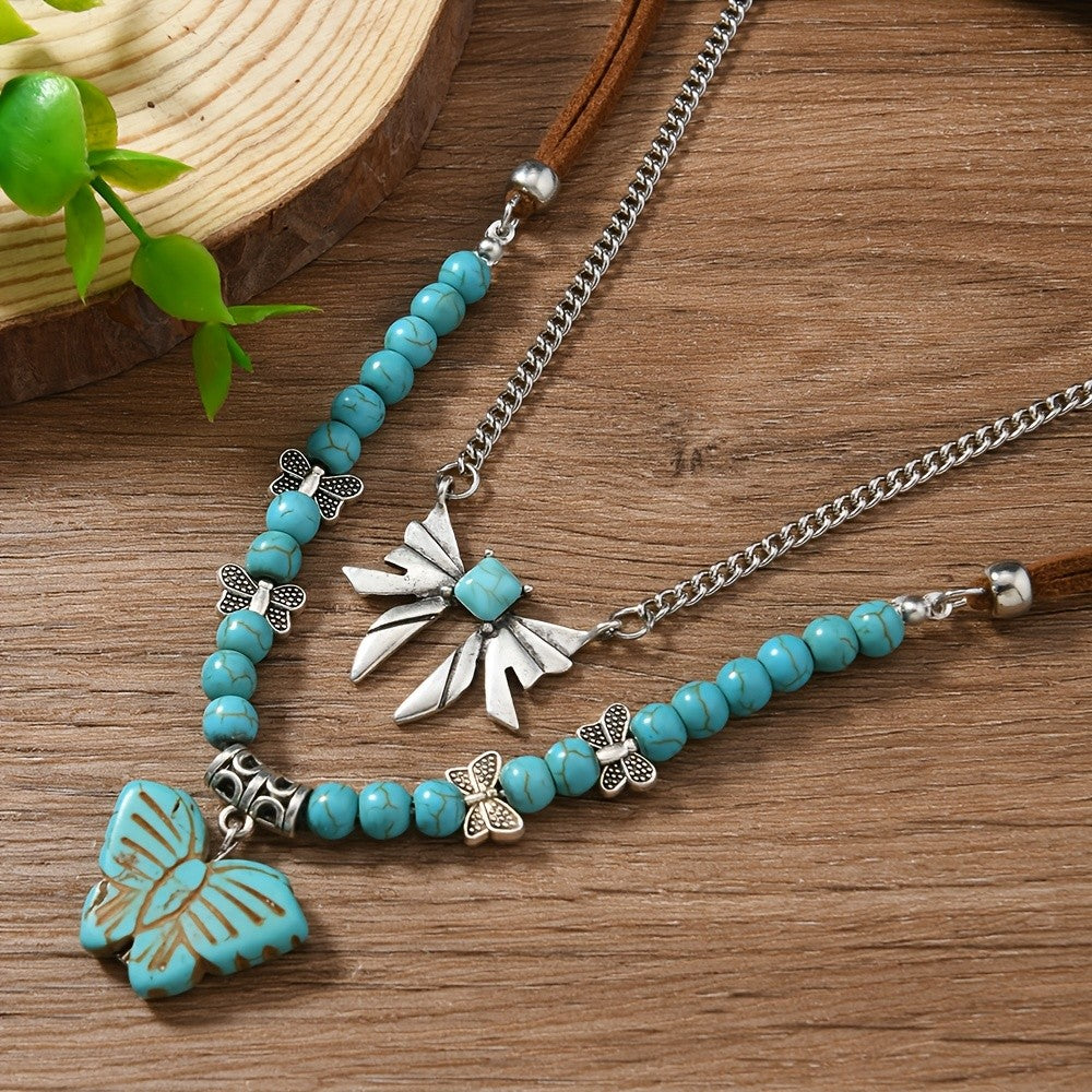 2pc Boho Turquoise Butterfly Layered Necklace