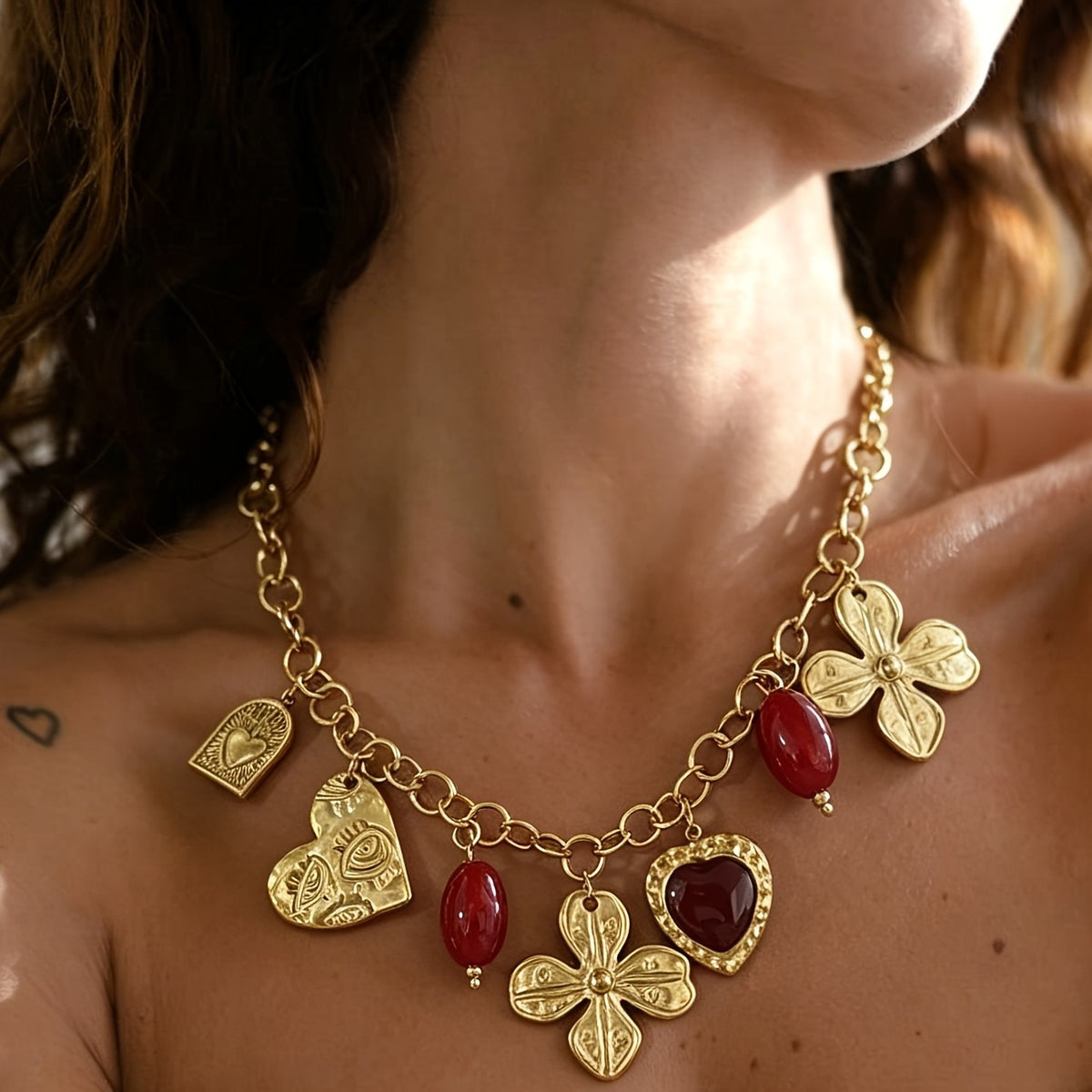 Boho Floral Heart Charm Necklace