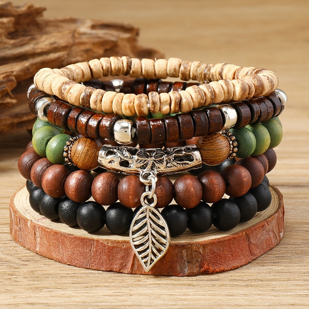 15pc Boho Vintage Wood Bead Bracelet Set