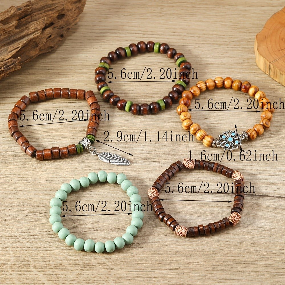 15pc Boho Vintage Wood Bead Bracelet Set