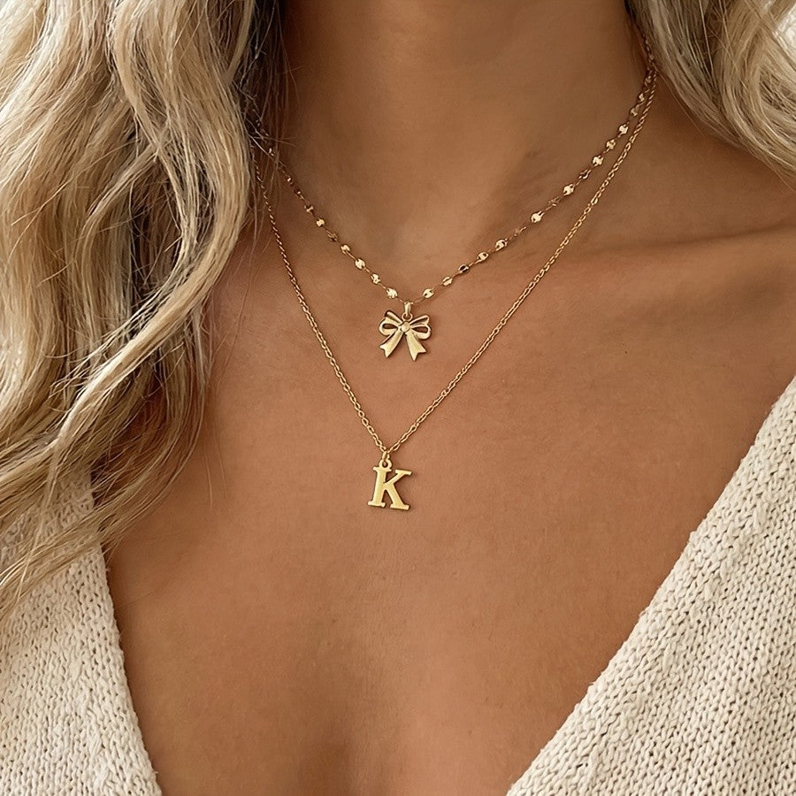Dainty Bow Initial Layered Necklace