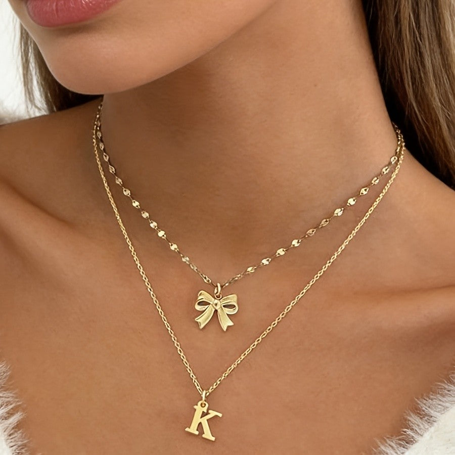 Dainty Bow Initial Layered Necklace