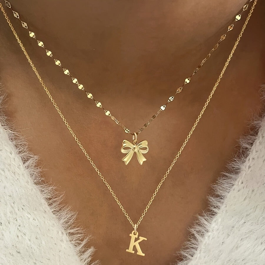 Dainty Bow Initial Layered Necklace