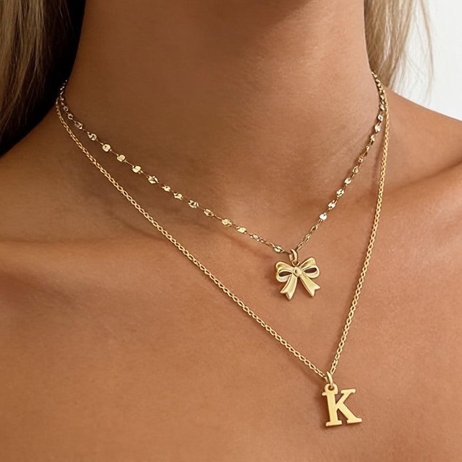 Dainty Bow Initial Layered Necklace