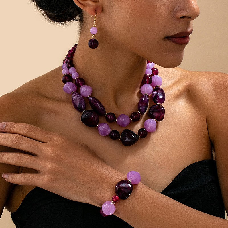 Vintage Purple Beaded Necklace, Bracelet & Earring Set