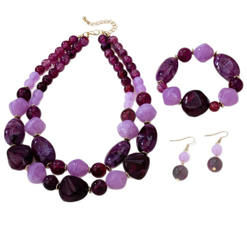 Vintage Purple Beaded Necklace, Bracelet & Earring Set