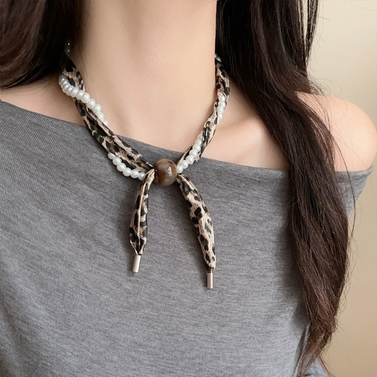Boho Leopard Print Pearl Ribbon Necklace