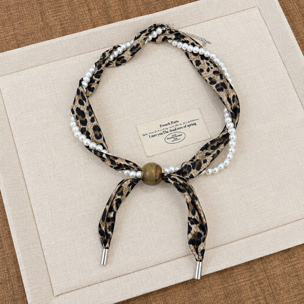 Boho Leopard Print Pearl Ribbon Necklace