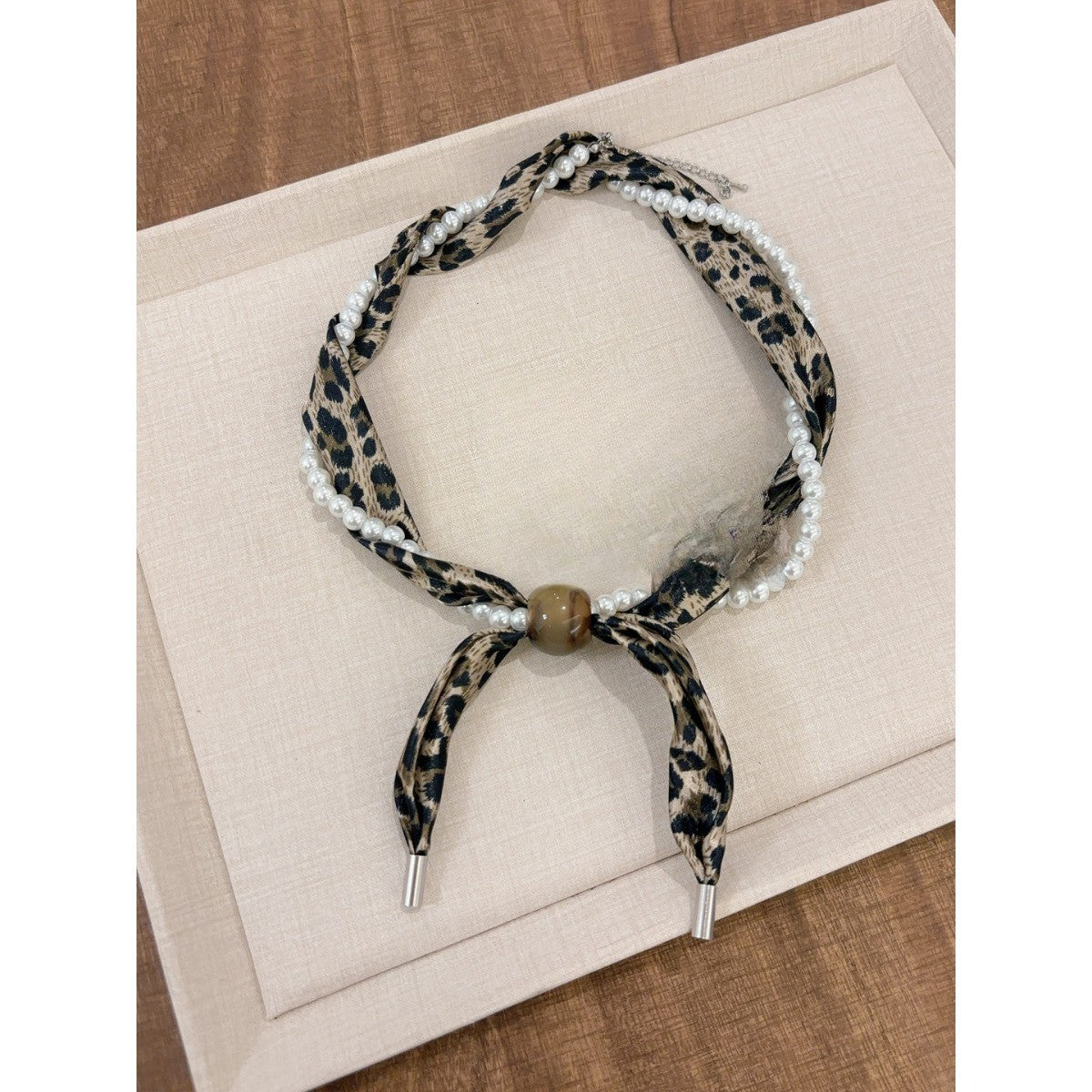 Boho Leopard Print Pearl Ribbon Necklace
