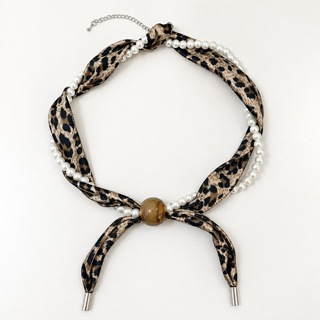 Boho Leopard Print Pearl Ribbon Necklace