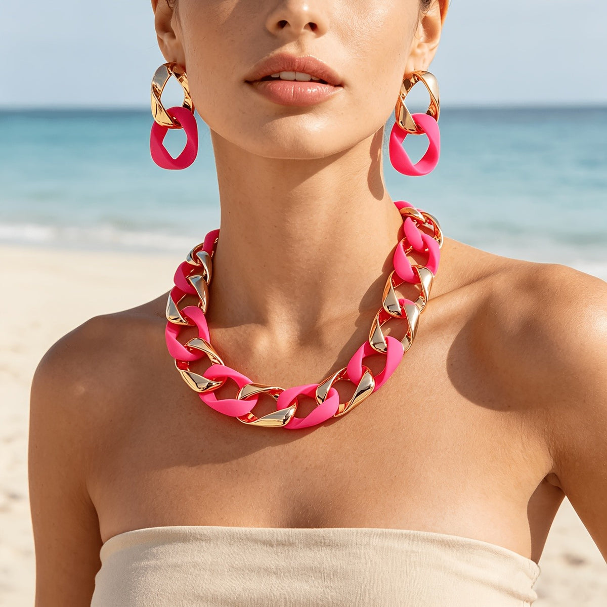 Boho Neon Pink Acrylic Link Necklace & Earring Set