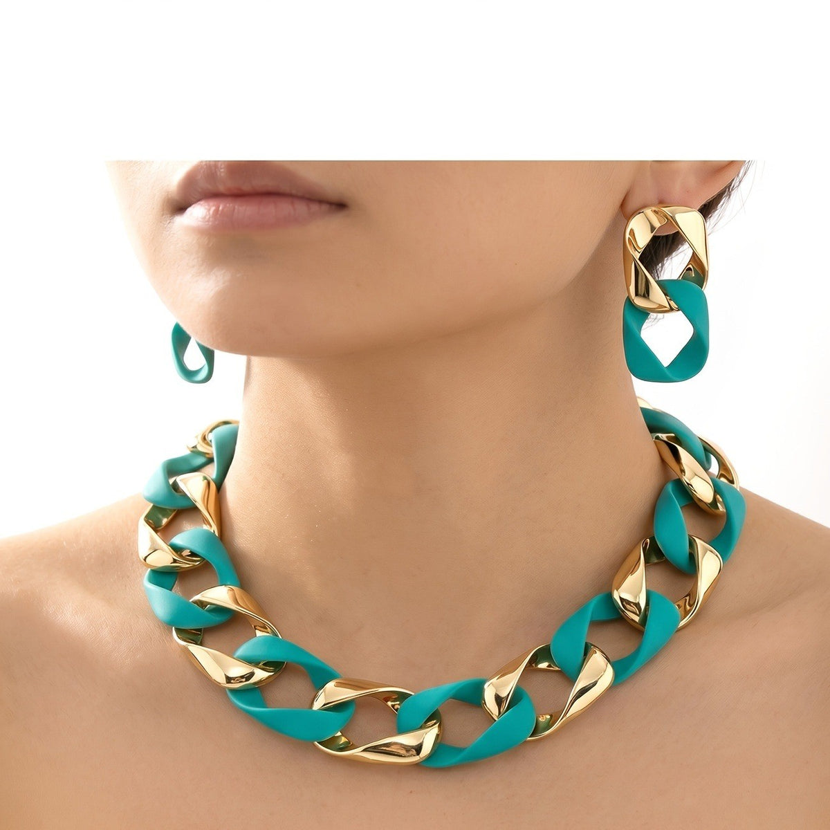 Boho Neon Pink Acrylic Link Necklace & Earring Set