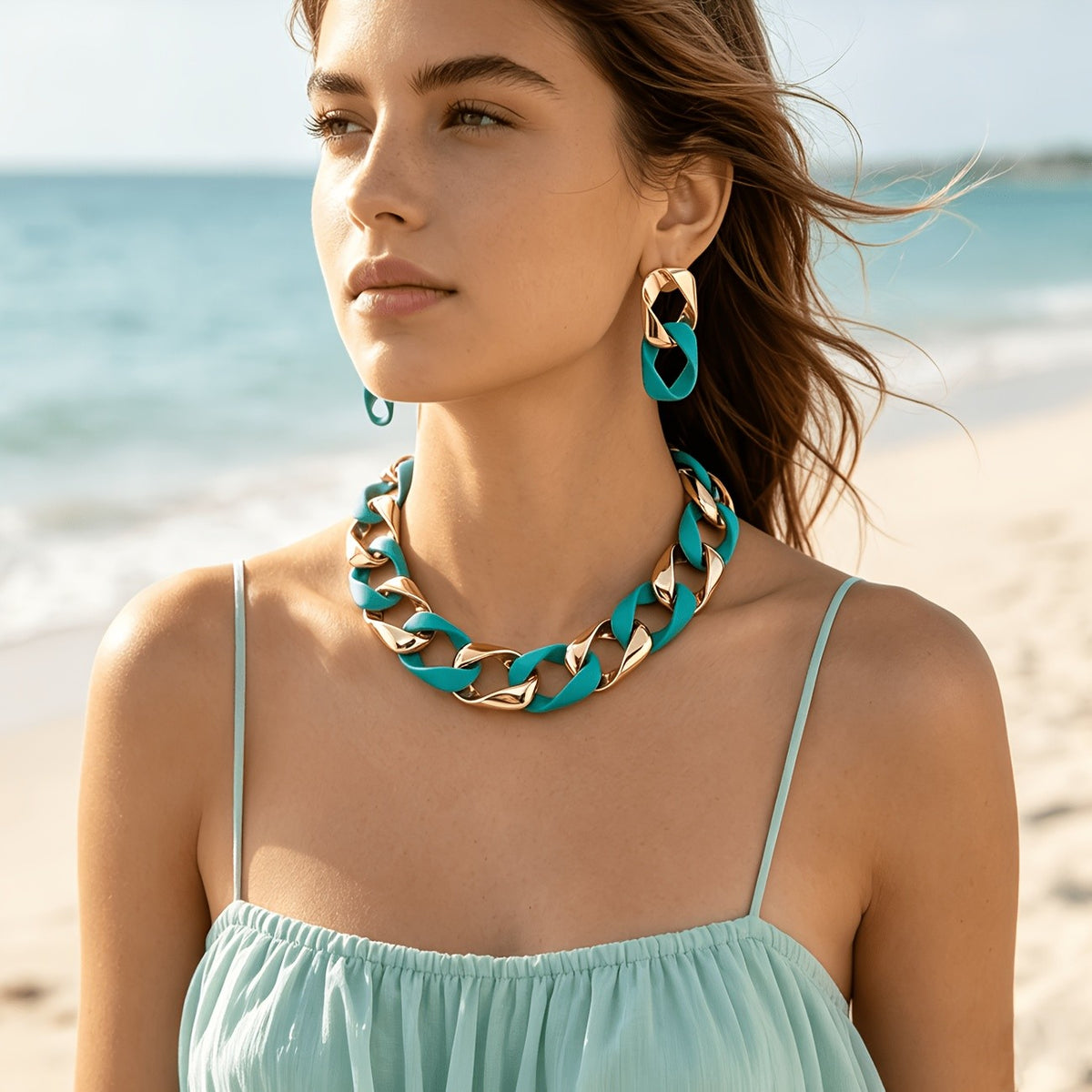 Boho Neon Pink Acrylic Link Necklace & Earring Set