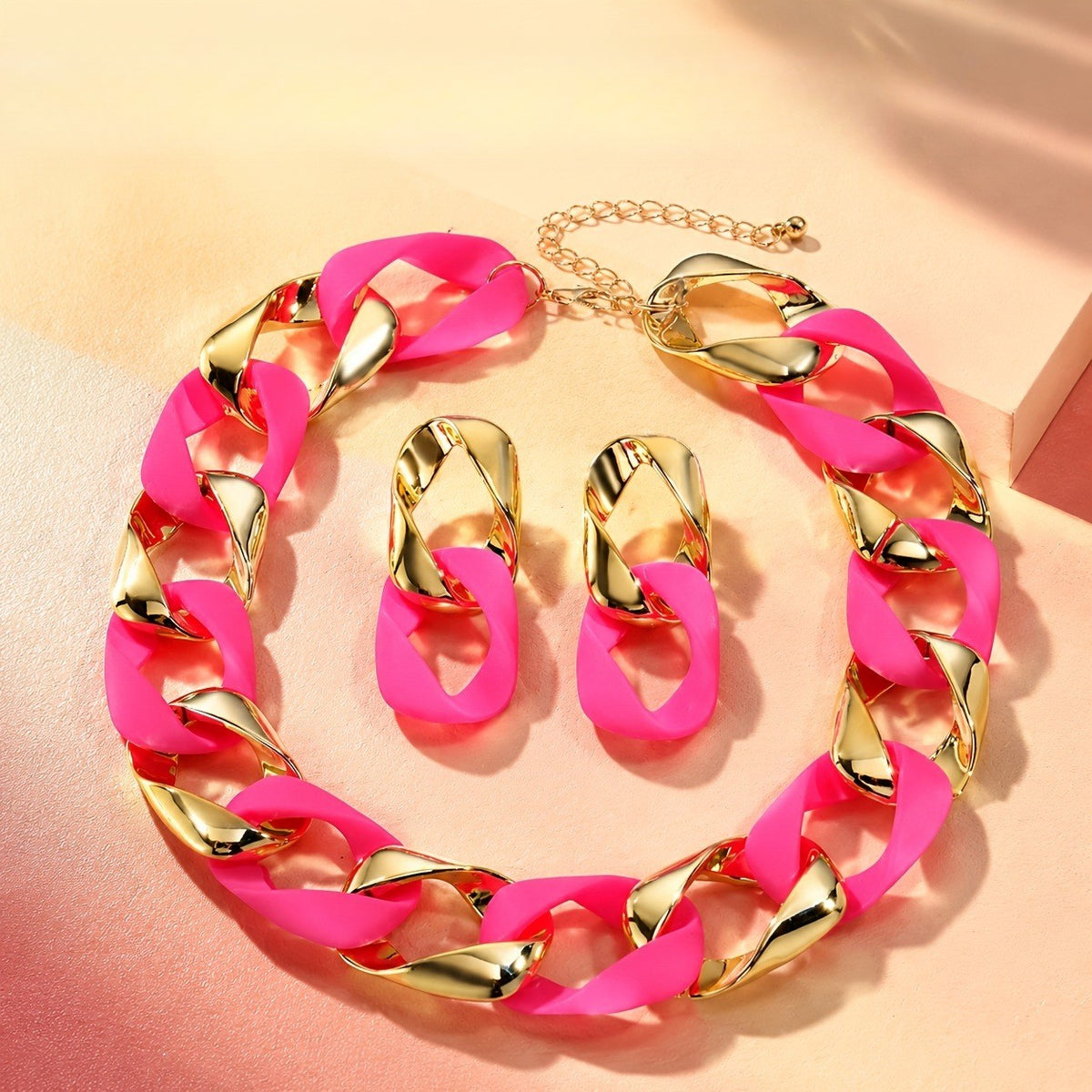 Boho Neon Pink Acrylic Link Necklace & Earring Set