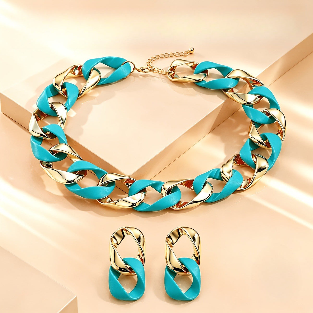 Boho Neon Pink Acrylic Link Necklace & Earring Set