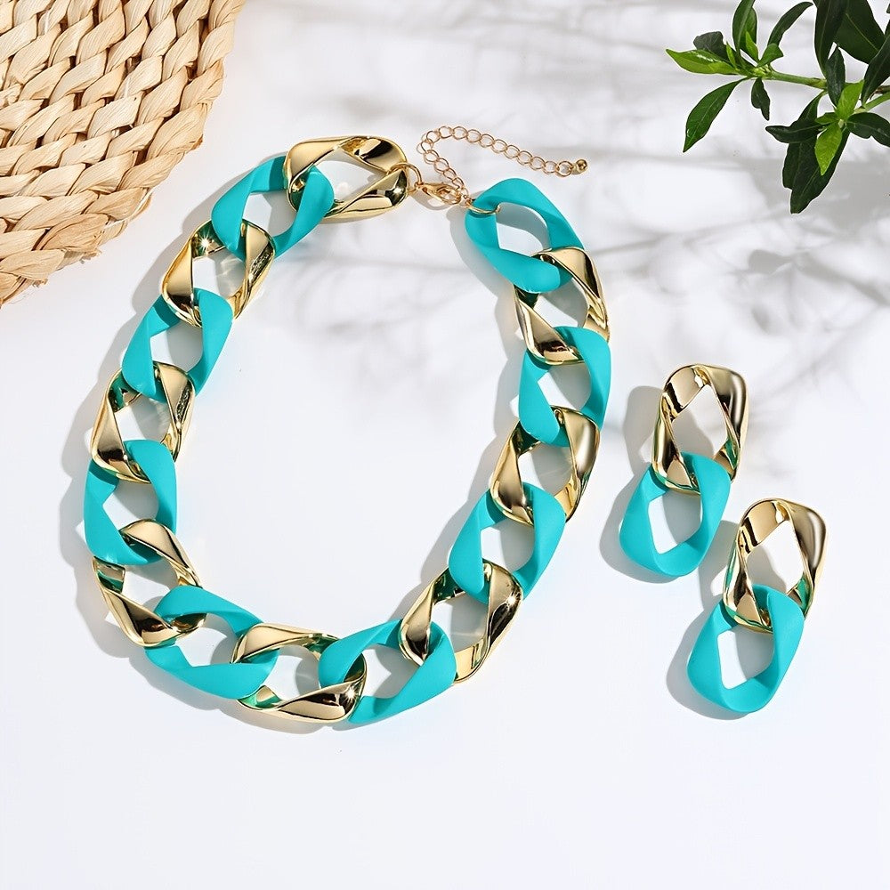 Boho Neon Pink Acrylic Link Necklace & Earring Set