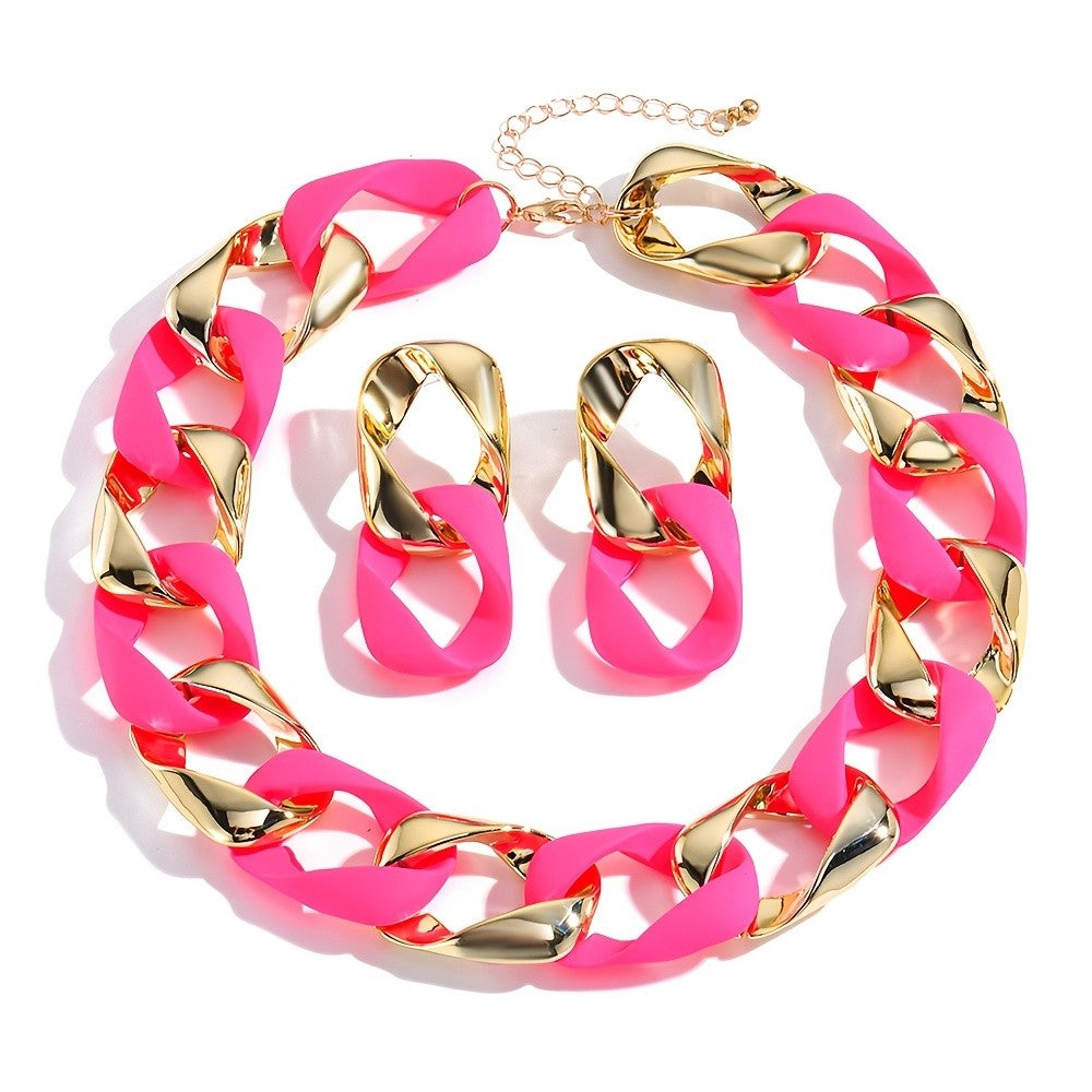 Boho Neon Pink Acrylic Link Necklace & Earring Set