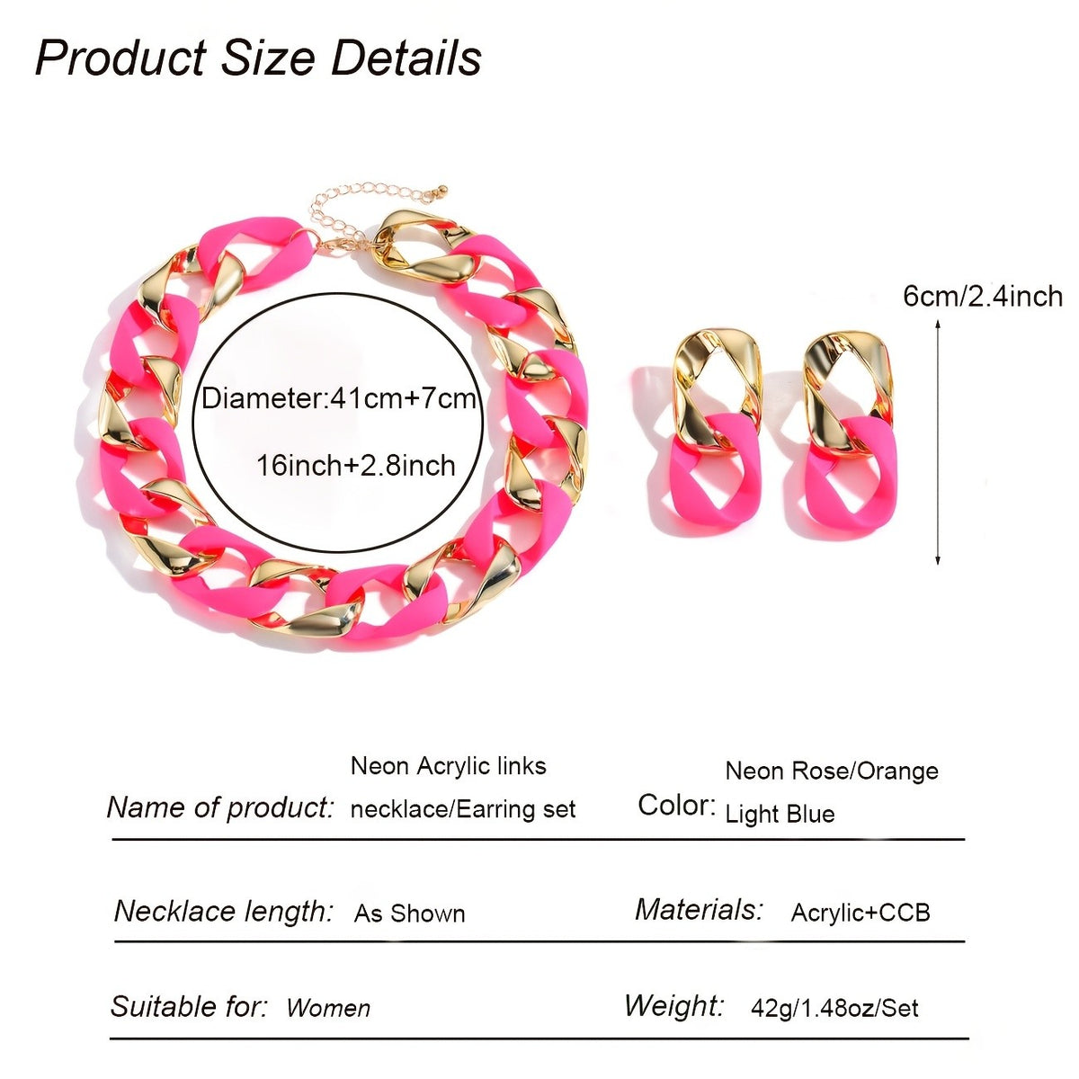 Boho Neon Pink Acrylic Link Necklace & Earring Set