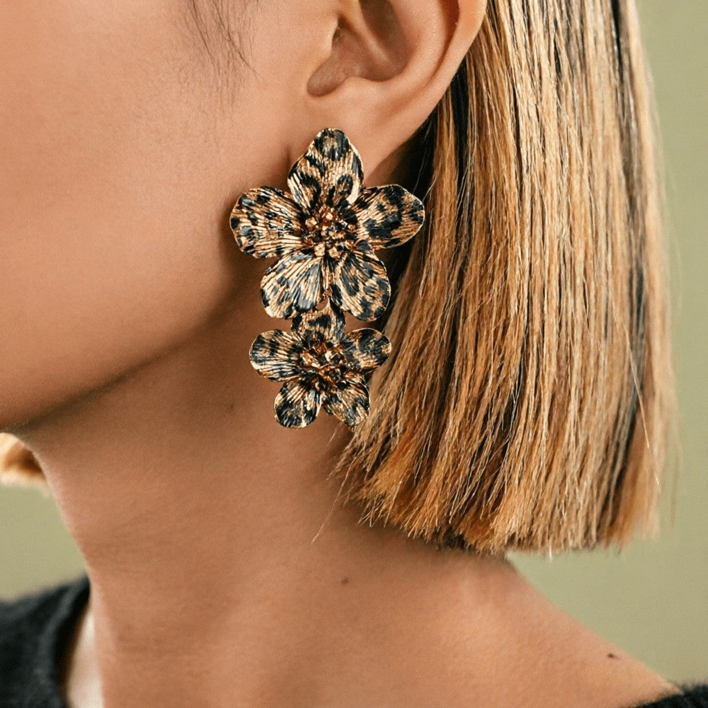 Leopard Print Floral Drop Earrings
