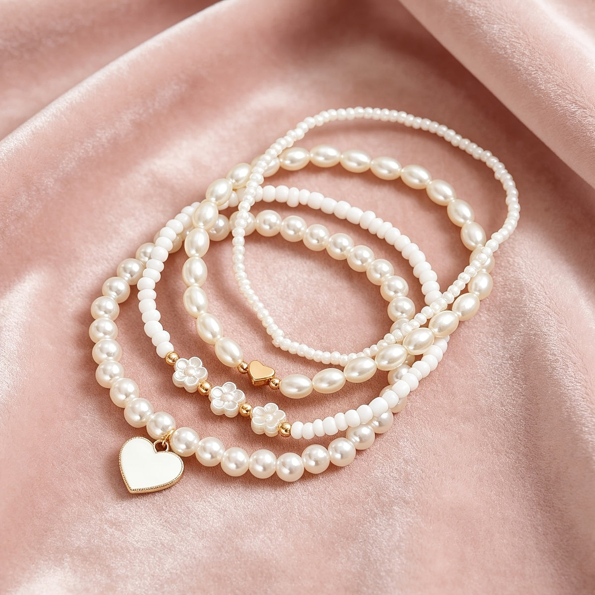 4pc Boho Pearl Flower Heart Anklet Set