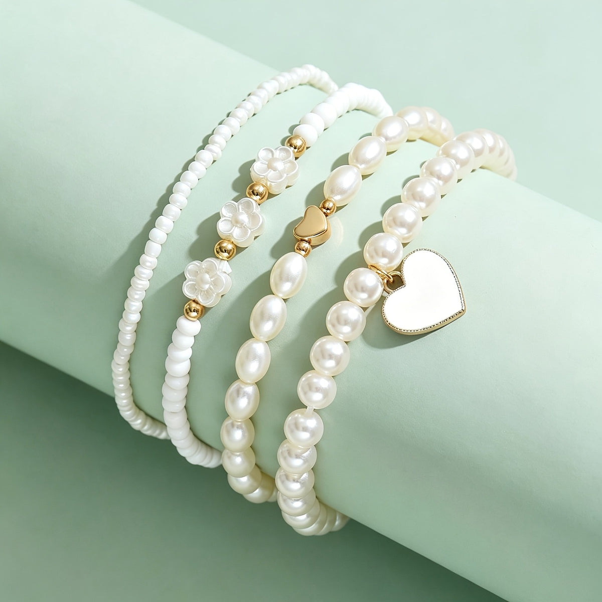 4pc Boho Pearl Flower Heart Anklet Set