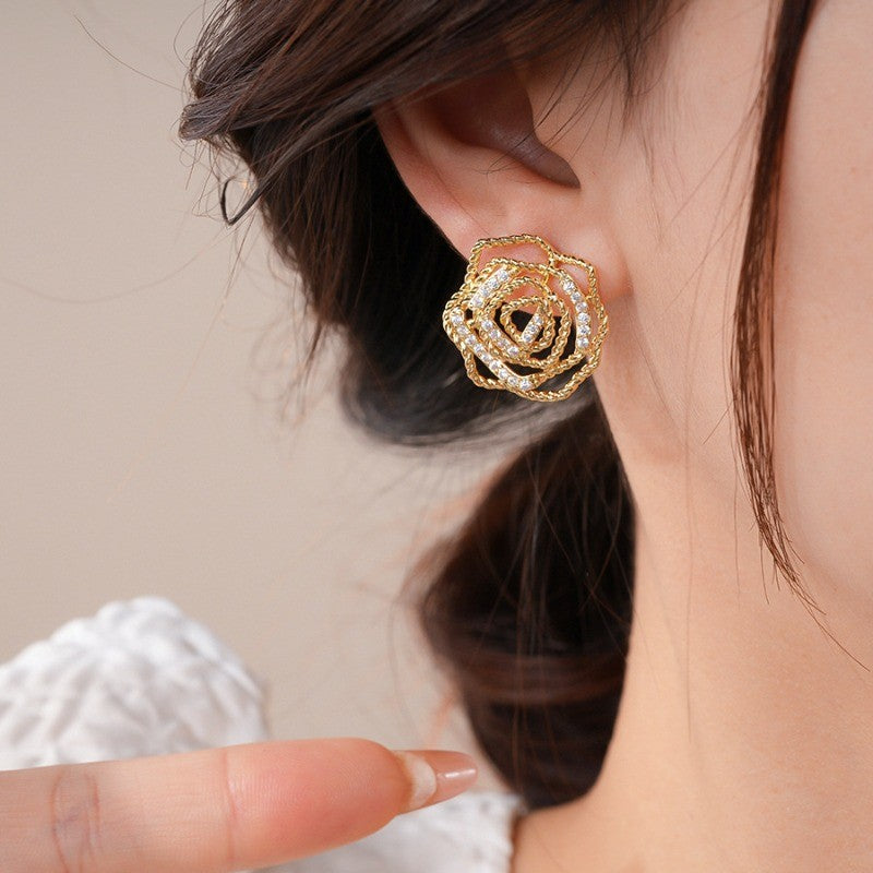 Elegant Hollow Rose Flower Stud Earrings
