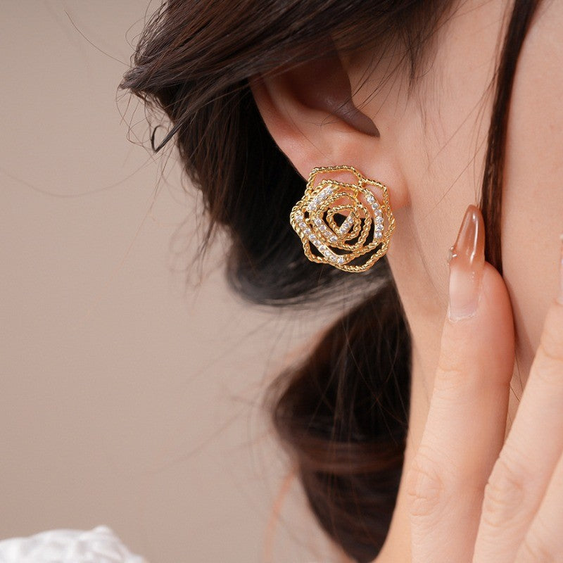 Elegant Hollow Rose Flower Stud Earrings