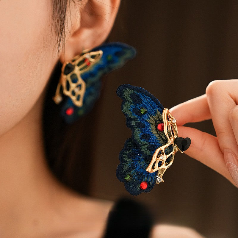 Vintage Embroidered Butterfly Earrings